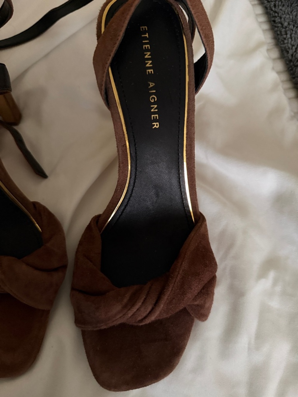 Etienne Aigner Chocolate Brown Suede Knotted Open-Toe Slingbacks